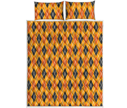 Orange Halloween Argyle Pattern Print Quilt Bed Set