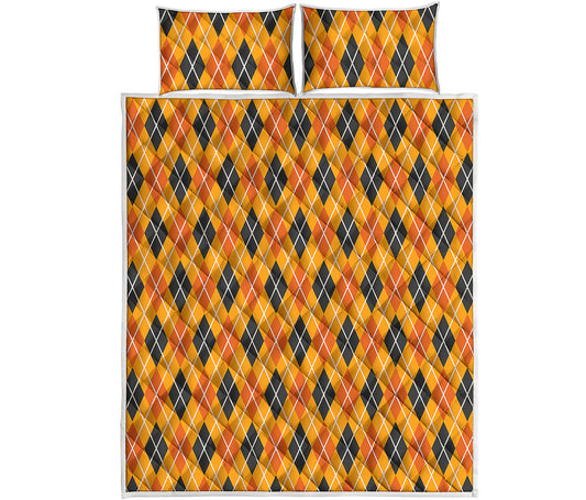 Orange Halloween Argyle Pattern Print Quilt Bed Set