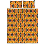 Orange Halloween Argyle Pattern Print Quilt Bed Set