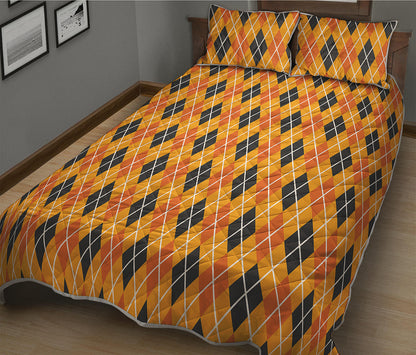 Orange Halloween Argyle Pattern Print Quilt Bed Set