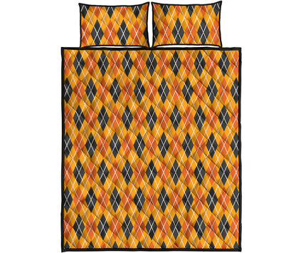 Orange Halloween Argyle Pattern Print Quilt Bed Set