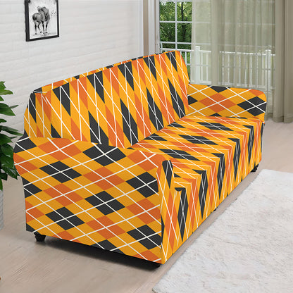 Orange Halloween Argyle Pattern Print Sofa Cover