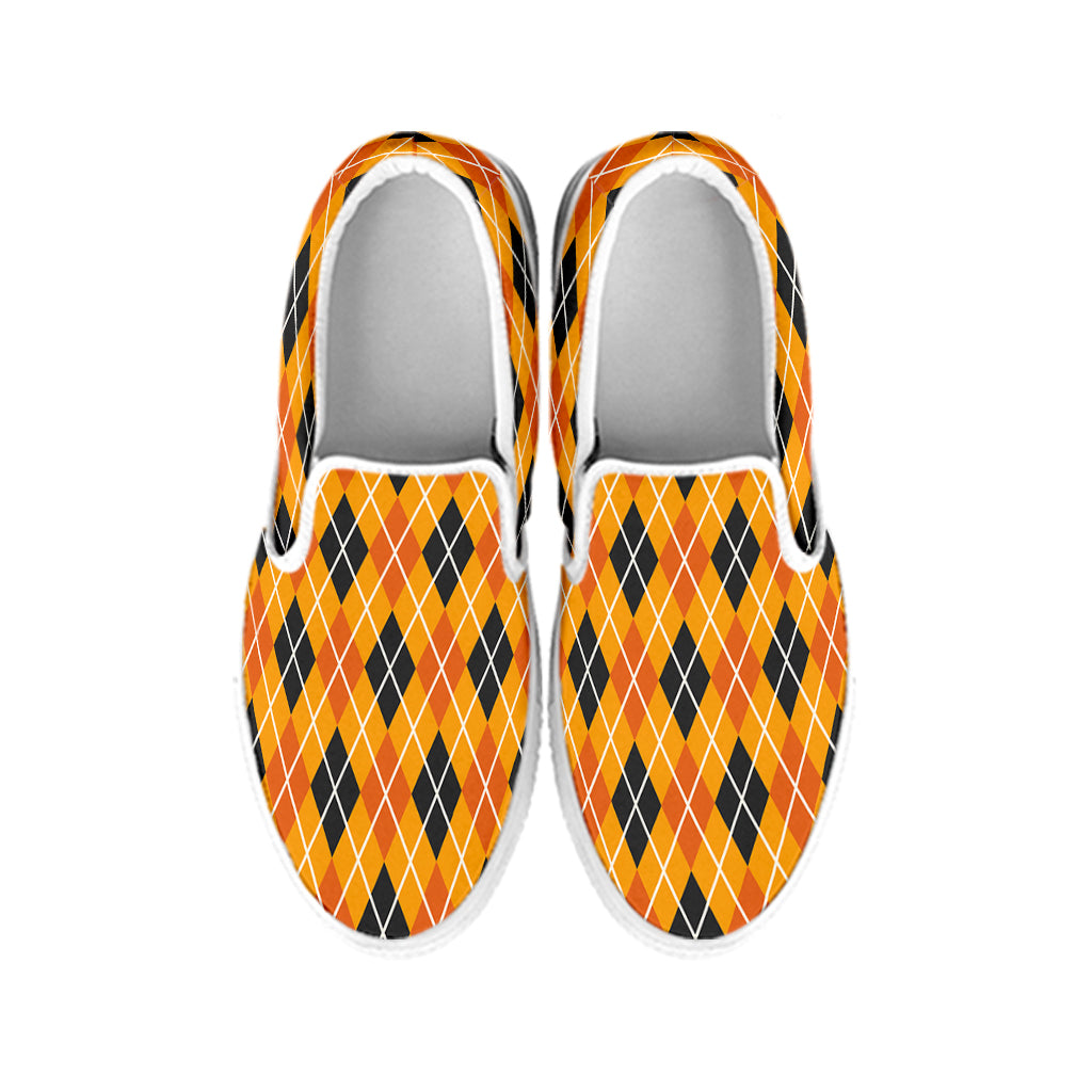 Orange Halloween Argyle Pattern Print White Slip On Shoes