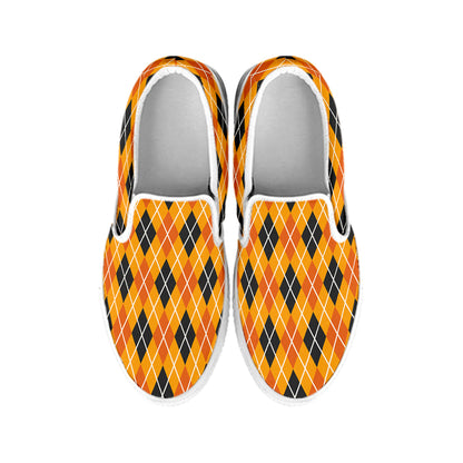Orange Halloween Argyle Pattern Print White Slip On Shoes