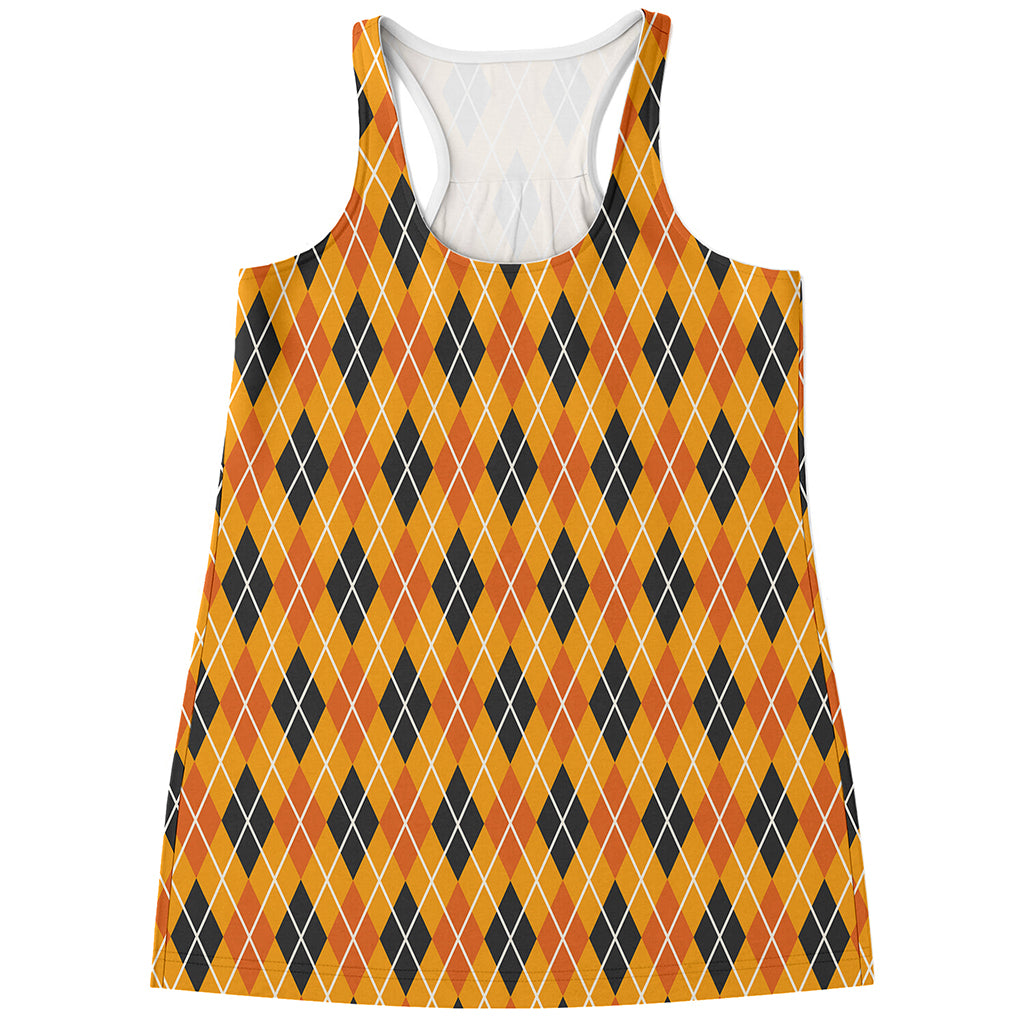Orange Halloween Argyle Pattern Print Women's Racerback Tank Top