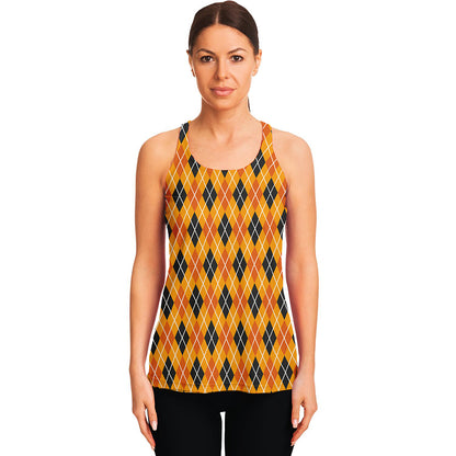 Orange Halloween Argyle Pattern Print Women's Racerback Tank Top