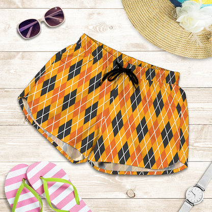 Orange Halloween Argyle Pattern Print Women's Shorts