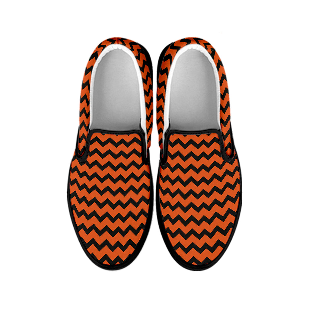 Orange Halloween Chevron Pattern Print Black Slip On Shoes