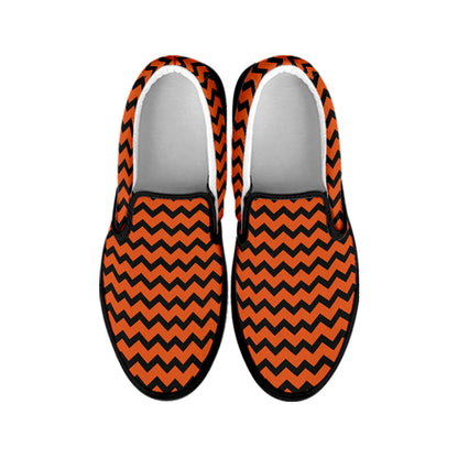Orange Halloween Chevron Pattern Print Black Slip On Shoes