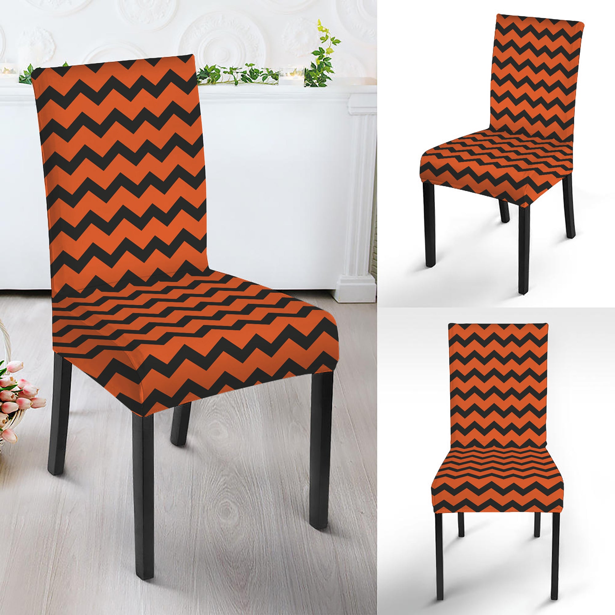 Orange Halloween Chevron Pattern Print Dining Chair Slipcover