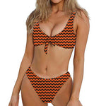 Orange Halloween Chevron Pattern Print Front Bow Tie Bikini