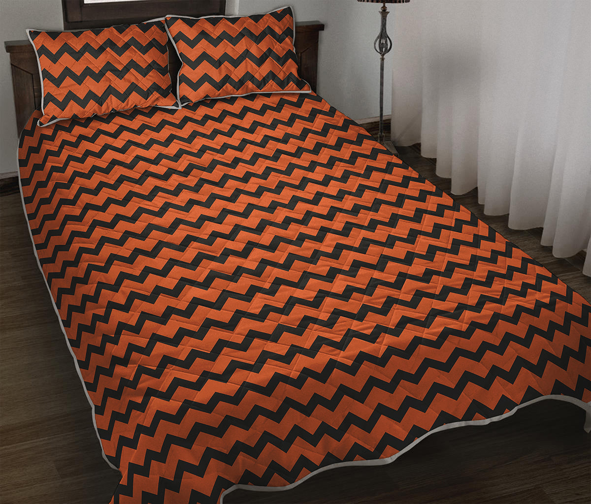 Orange Halloween Chevron Pattern Print Quilt Bed Set