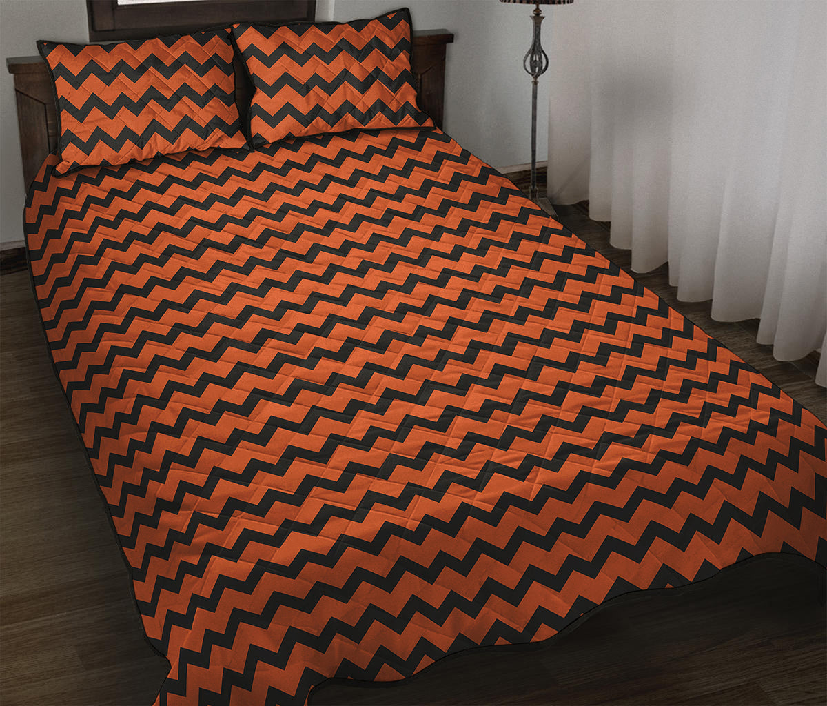 Orange Halloween Chevron Pattern Print Quilt Bed Set