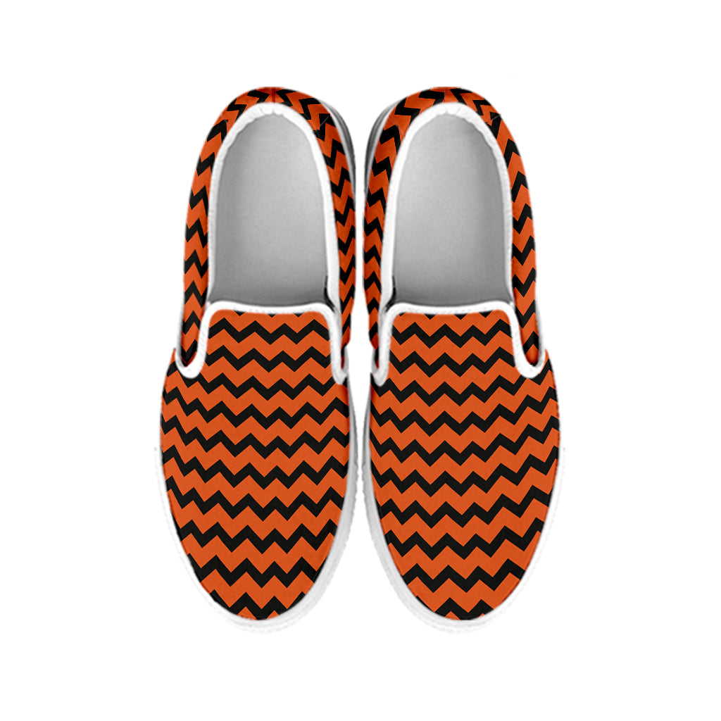 Orange Halloween Chevron Pattern Print White Slip On Shoes