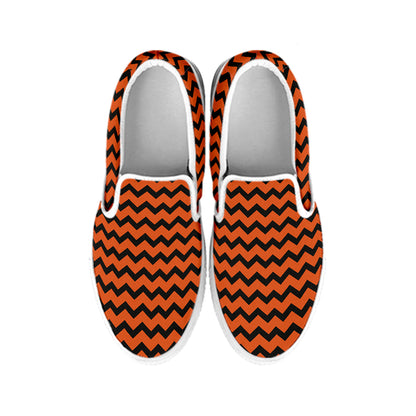 Orange Halloween Chevron Pattern Print White Slip On Shoes