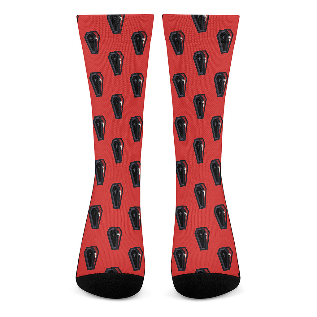 Orange Halloween Coffin Pattern Print Crew Socks