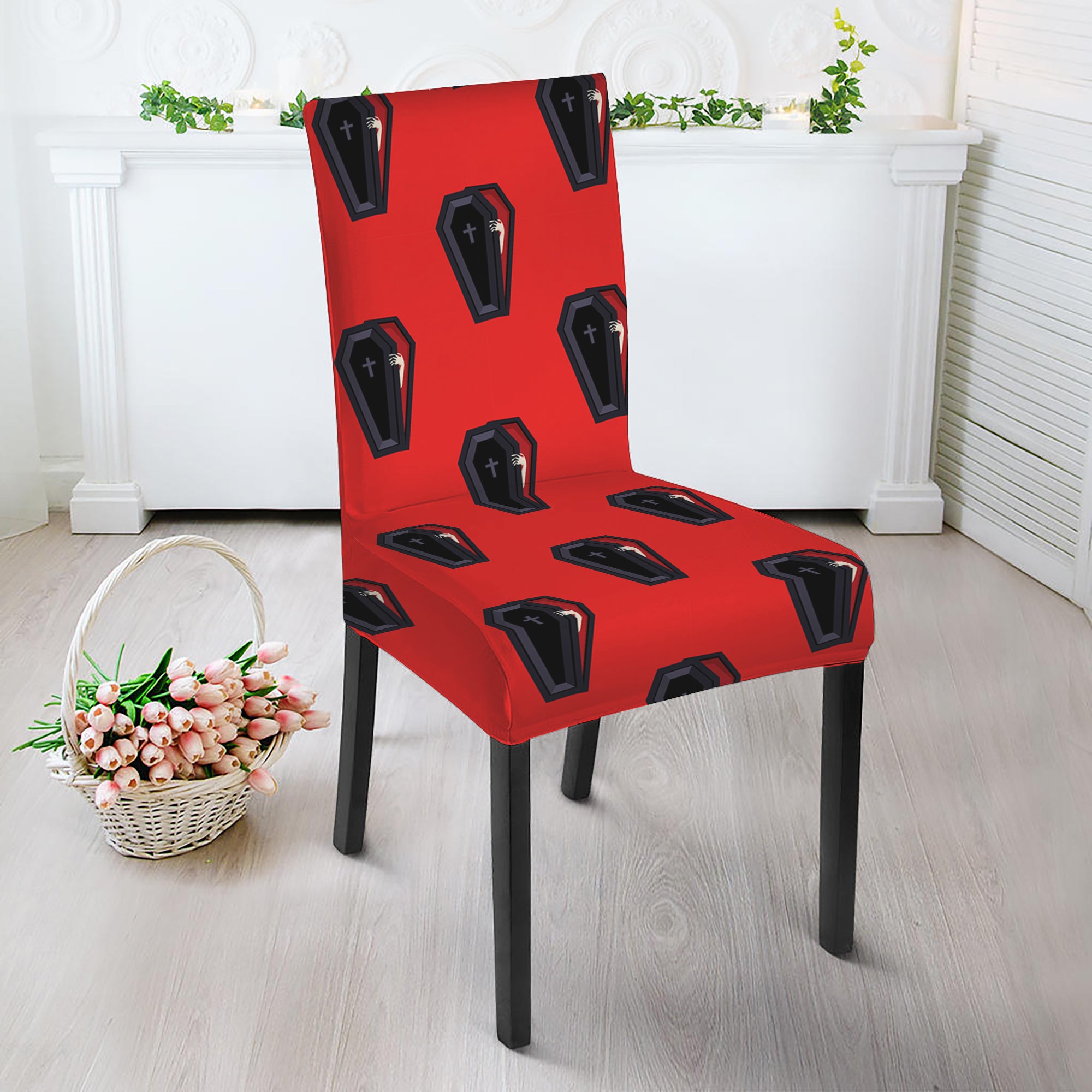 Orange Halloween Coffin Pattern Print Dining Chair Slipcover