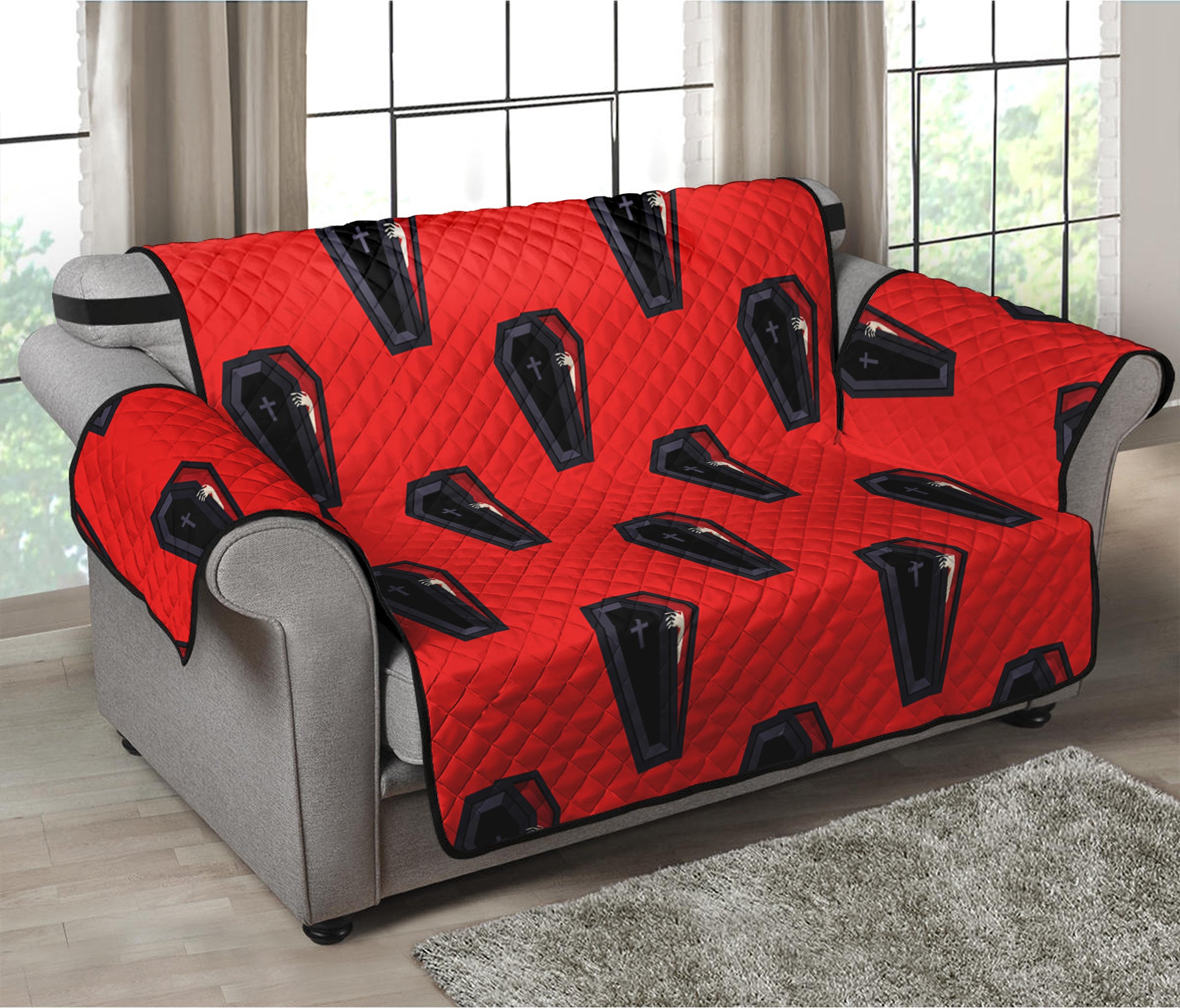 Orange Halloween Coffin Pattern Print Loveseat Protector