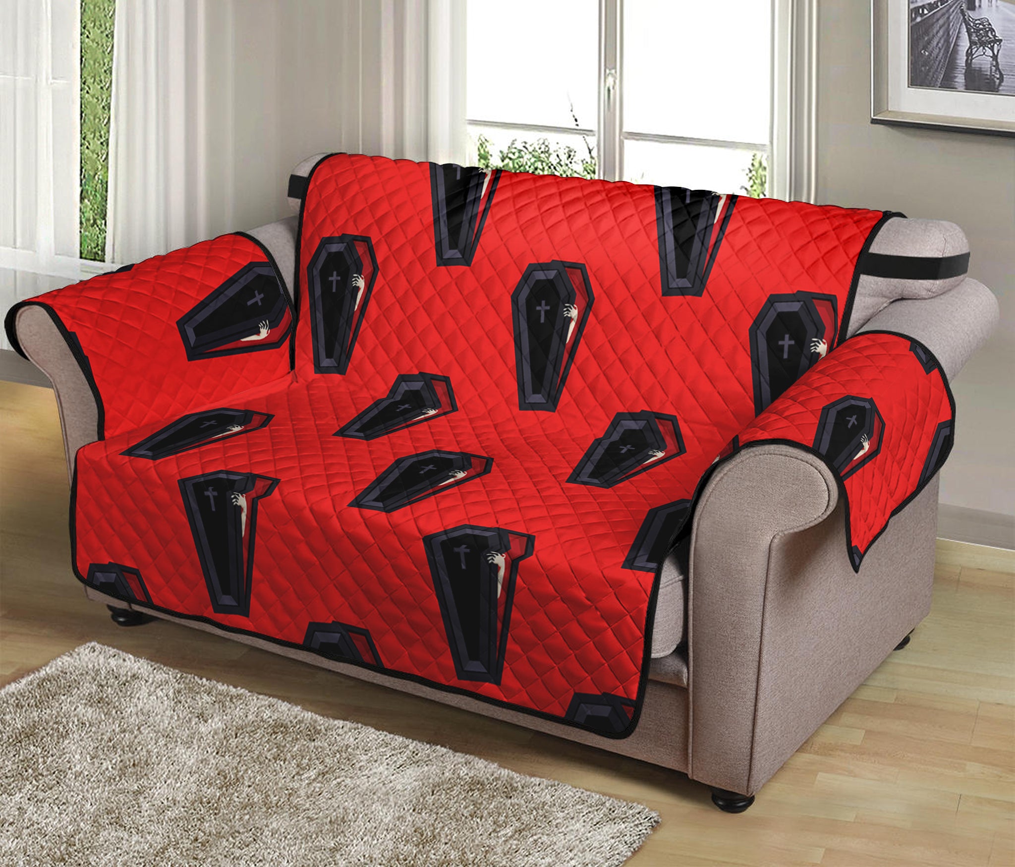 Orange Halloween Coffin Pattern Print Loveseat Protector