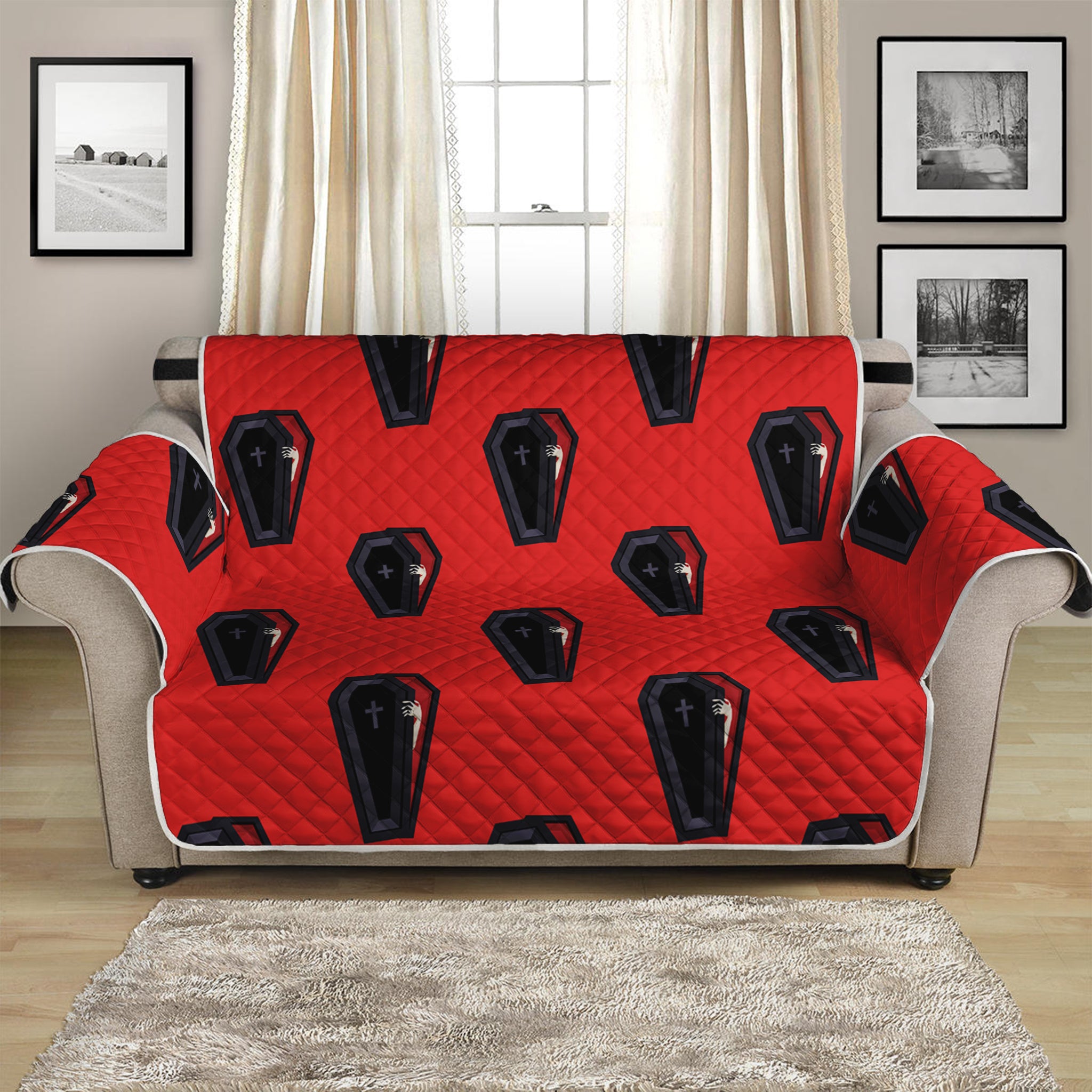 Orange Halloween Coffin Pattern Print Loveseat Protector