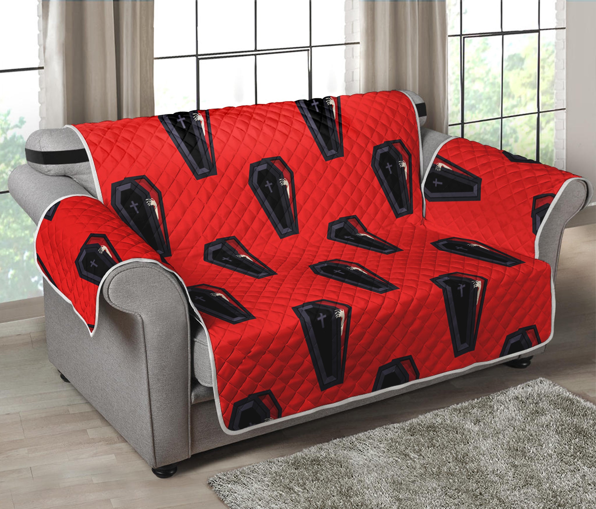 Orange Halloween Coffin Pattern Print Loveseat Protector