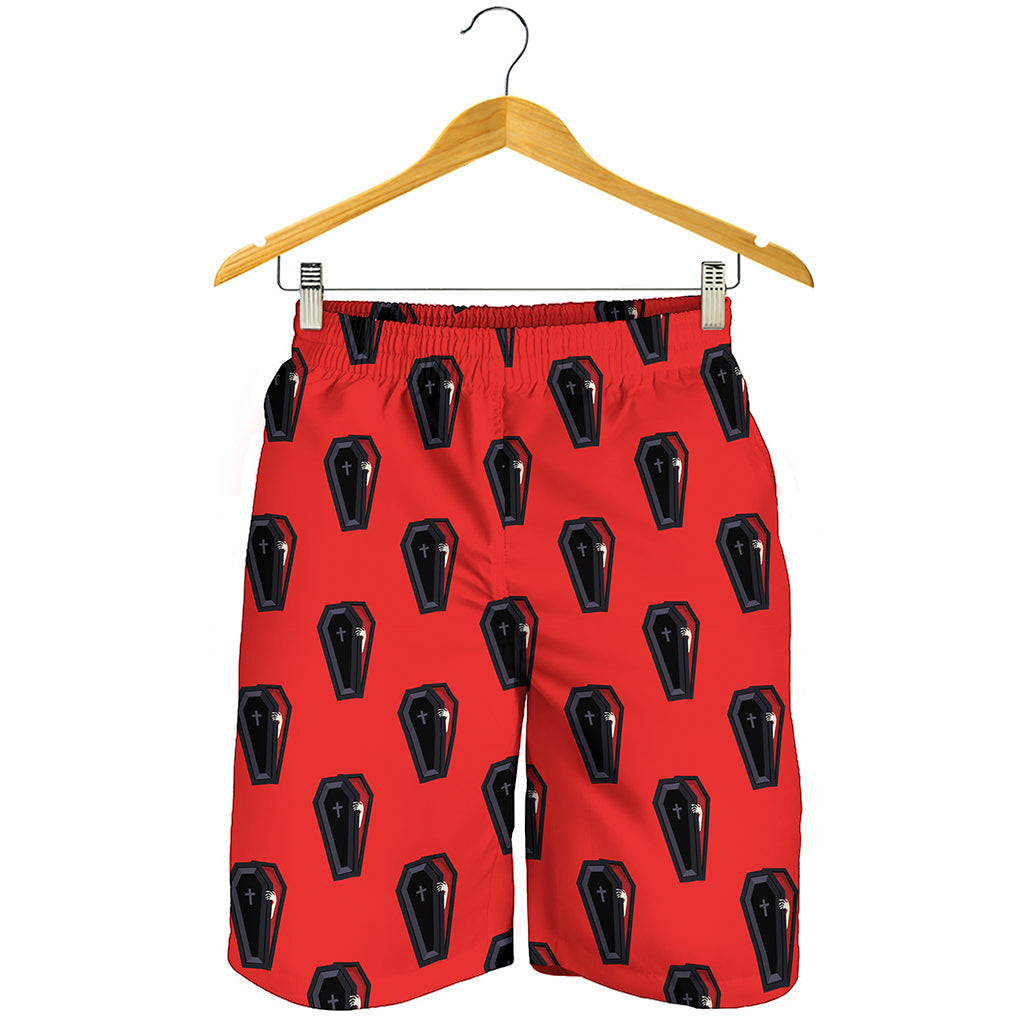 Orange Halloween Coffin Pattern Print Men's Shorts