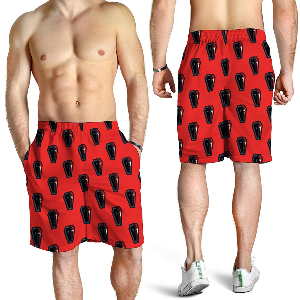 Orange Halloween Coffin Pattern Print Men's Shorts