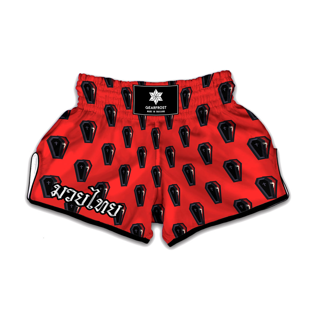 Orange Halloween Coffin Pattern Print Muay Thai Boxing Shorts