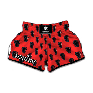 Orange Halloween Coffin Pattern Print Muay Thai Boxing Shorts