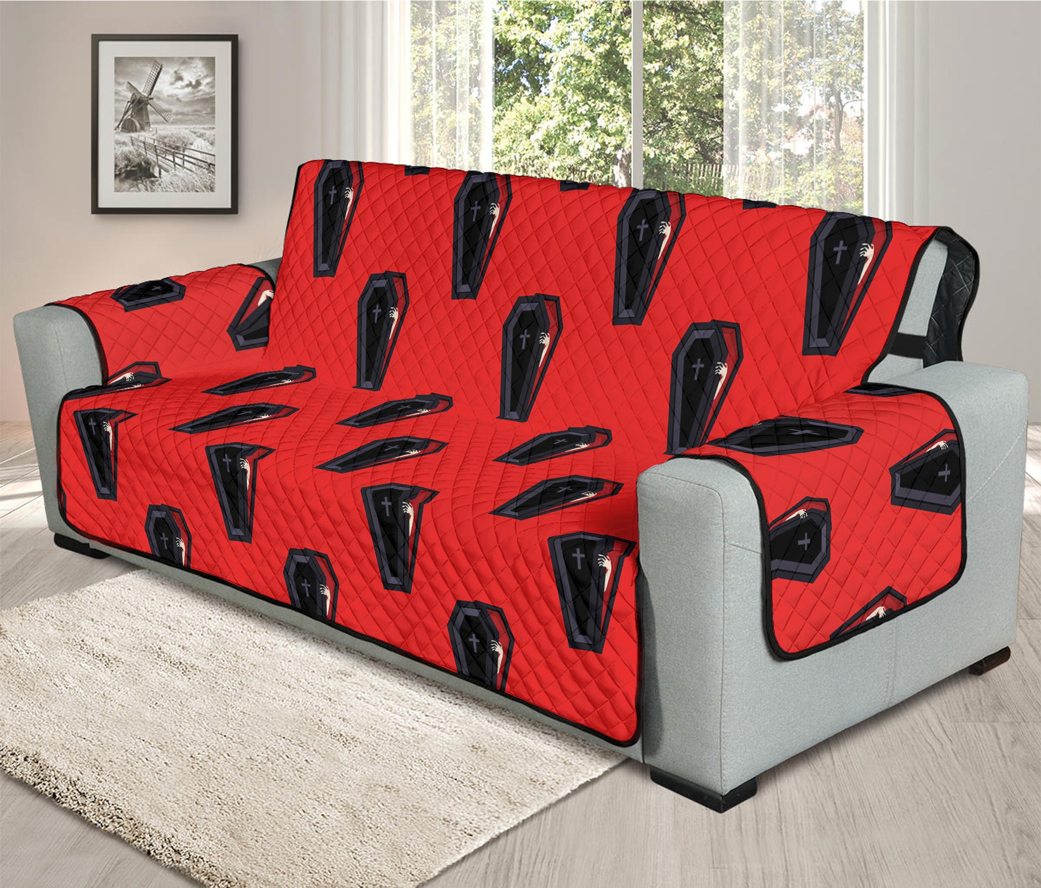 Orange Halloween Coffin Pattern Print Oversized Sofa Protector