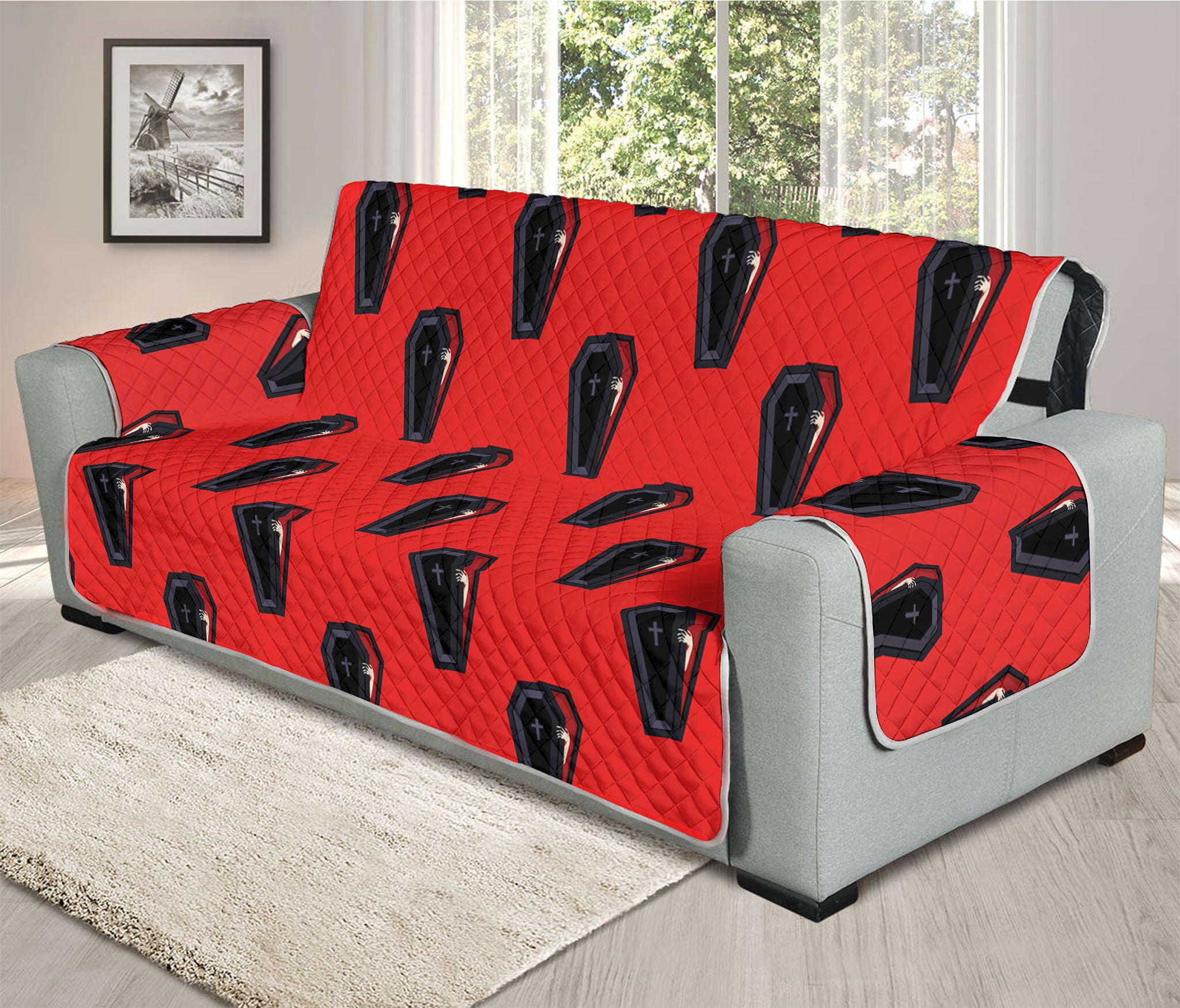 Orange Halloween Coffin Pattern Print Oversized Sofa Protector