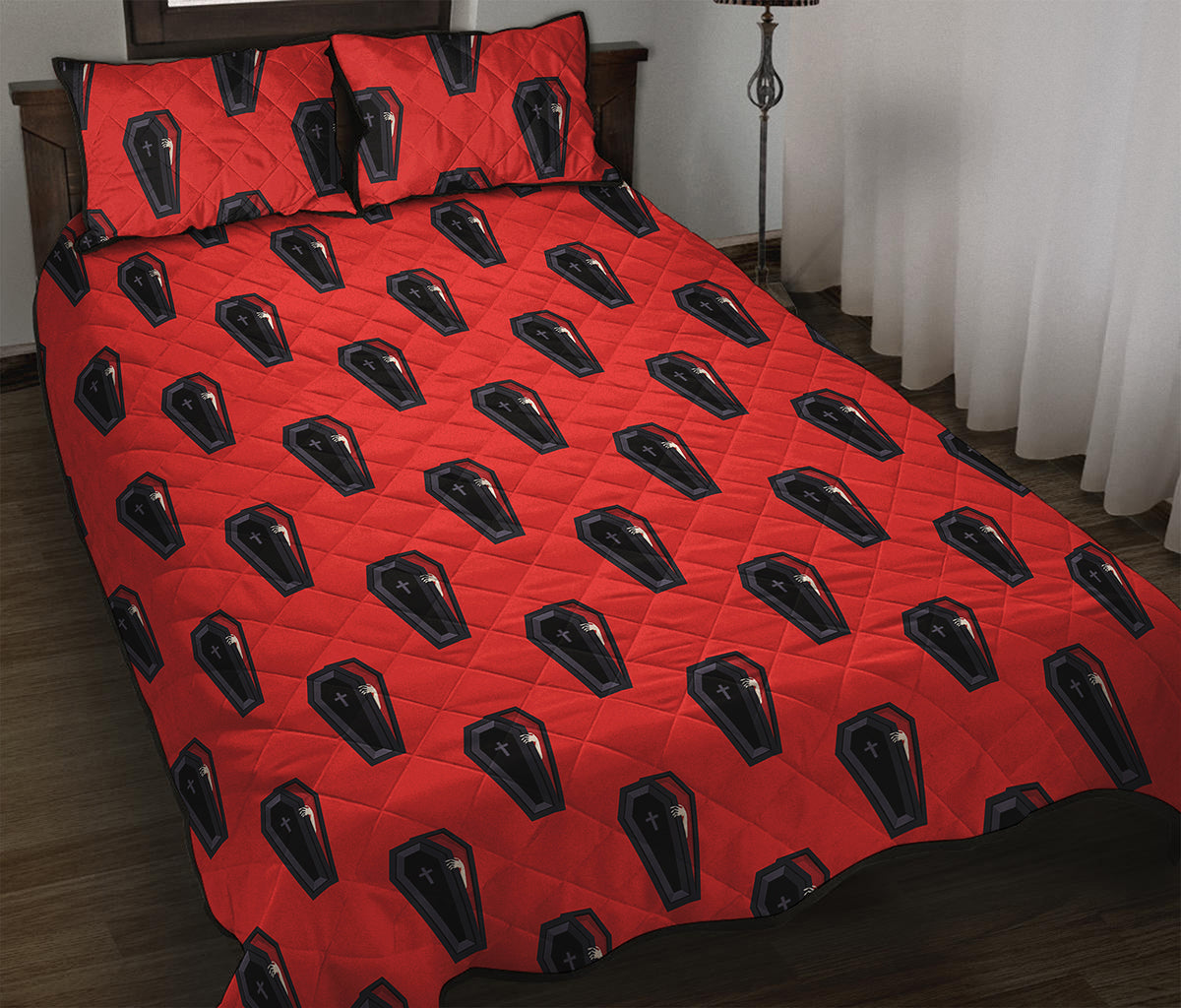 Orange Halloween Coffin Pattern Print Quilt Bed Set