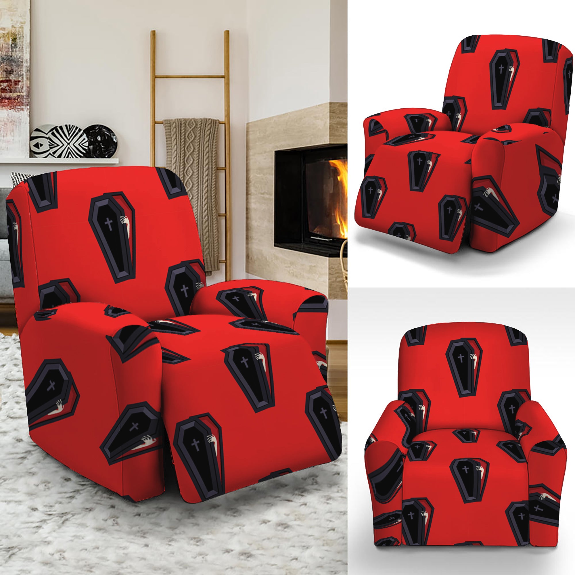 Orange Halloween Coffin Pattern Print Recliner Slipcover