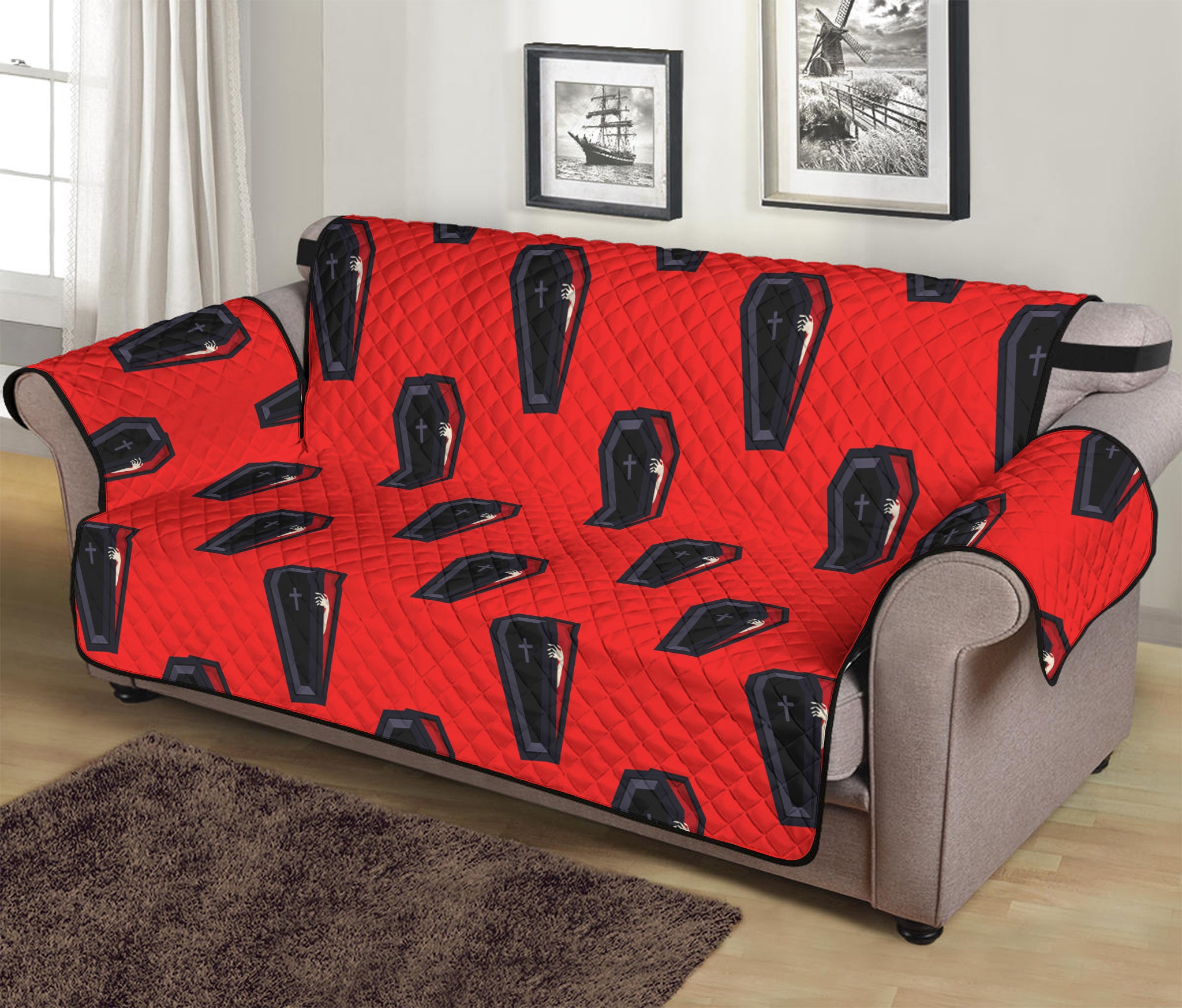 Orange Halloween Coffin Pattern Print Sofa Protector