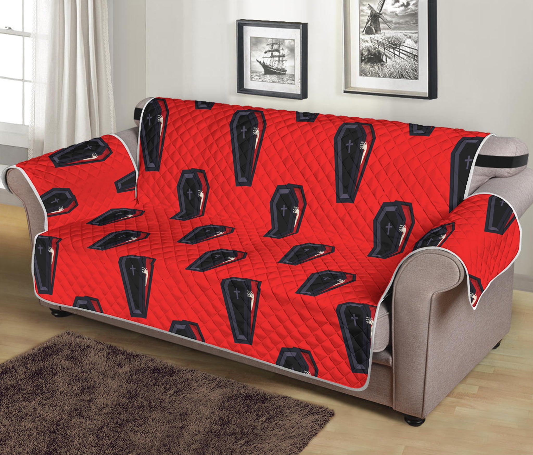 Orange Halloween Coffin Pattern Print Sofa Protector