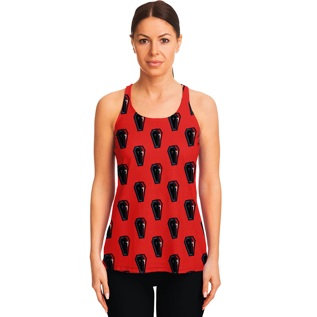 Orange Halloween Coffin Pattern Print Women's Racerback Tank Top