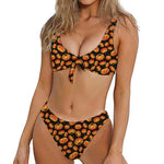 Orange Halloween Pumpkin Pattern Print Front Bow Tie Bikini