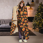 Orange Halloween Pumpkin Pattern Print Hooded Blanket