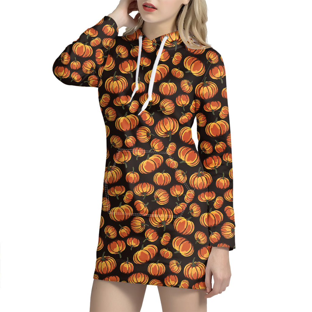 Orange Halloween Pumpkin Pattern Print Hoodie Dress