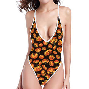 Orange Halloween Pumpkin Pattern Print One Piece High Cut Swimsuit