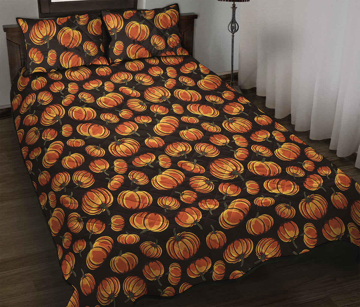 Orange Halloween Pumpkin Pattern Print Quilt Bed Set
