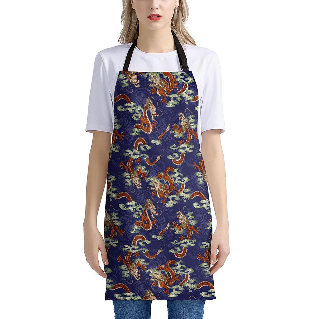 Orange Japanese Dragon Pattern Print Apron