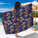 Orange Japanese Dragon Pattern Print Beach Sarong Wrap
