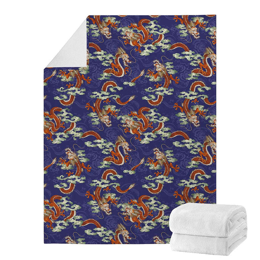 Orange Japanese Dragon Pattern Print Blanket