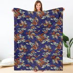 Orange Japanese Dragon Pattern Print Blanket
