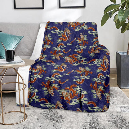 Orange Japanese Dragon Pattern Print Blanket