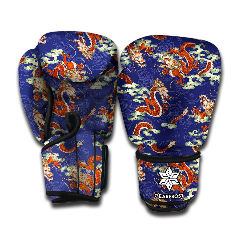 Orange Japanese Dragon Pattern Print Boxing Gloves