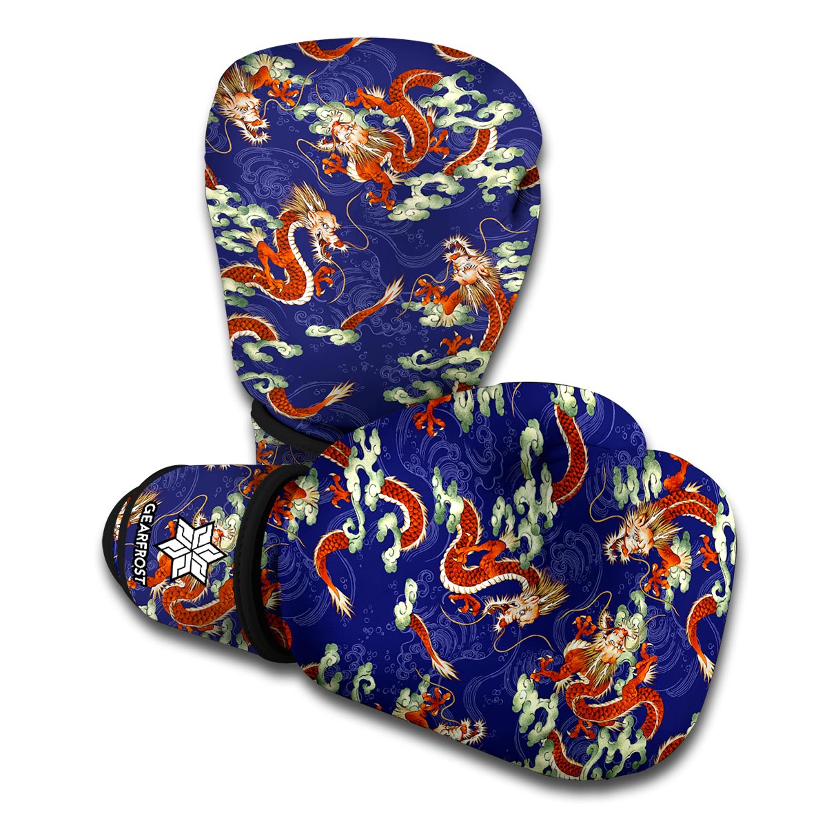 Orange Japanese Dragon Pattern Print Boxing Gloves