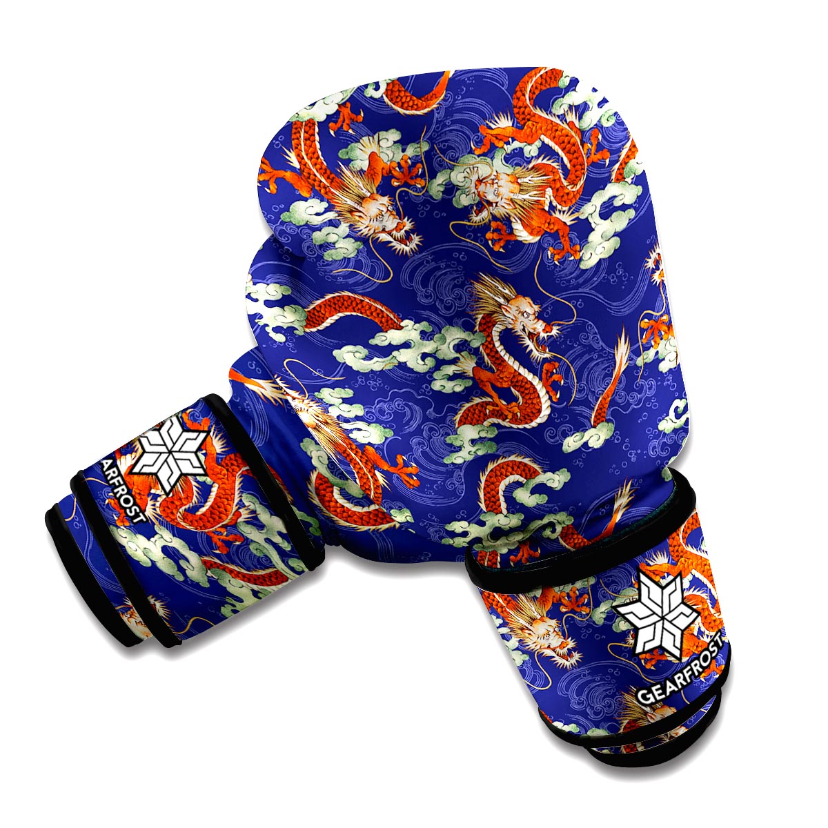 Orange Japanese Dragon Pattern Print Boxing Gloves