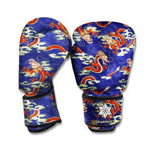 Orange Japanese Dragon Pattern Print Boxing Gloves